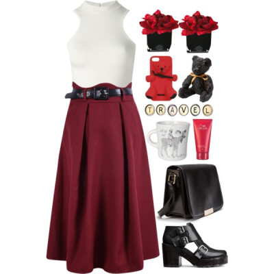 A fashion look from April 2015 featuring sleeveless tops, red skirt and black booties. Browse and shop related looks.