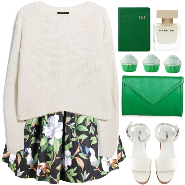 A fashion look from March 2015 featuring white long sleeve sweater, empire waist skirt and vegan sandals. Browse and shop related looks.