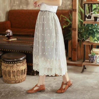 衣公馆 文艺复古格子蕾丝花边 两穿百搭清新宽松半裙森林系