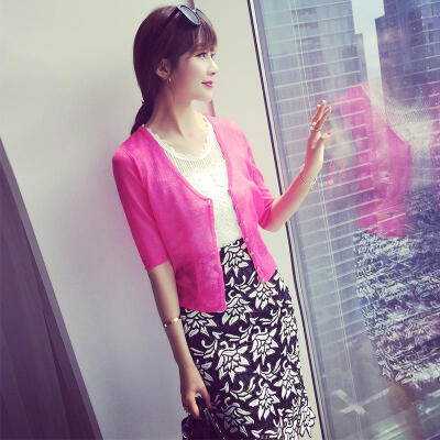 未央2015夏季女装韩版修身针织打底开衫V领短袖薄款冰丝小衫