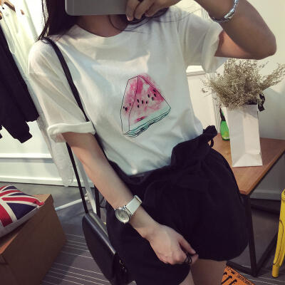 missa2015春夏 日韩版时尚小清新手绘水墨效果短袖T恤打底衫