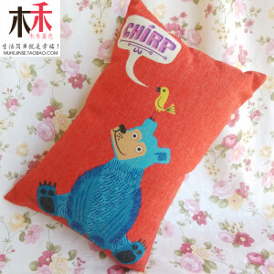 可爱小动物 小熊与小鸟 欧式清新卡通棉麻沙发靠垫抱枕腰枕宜家