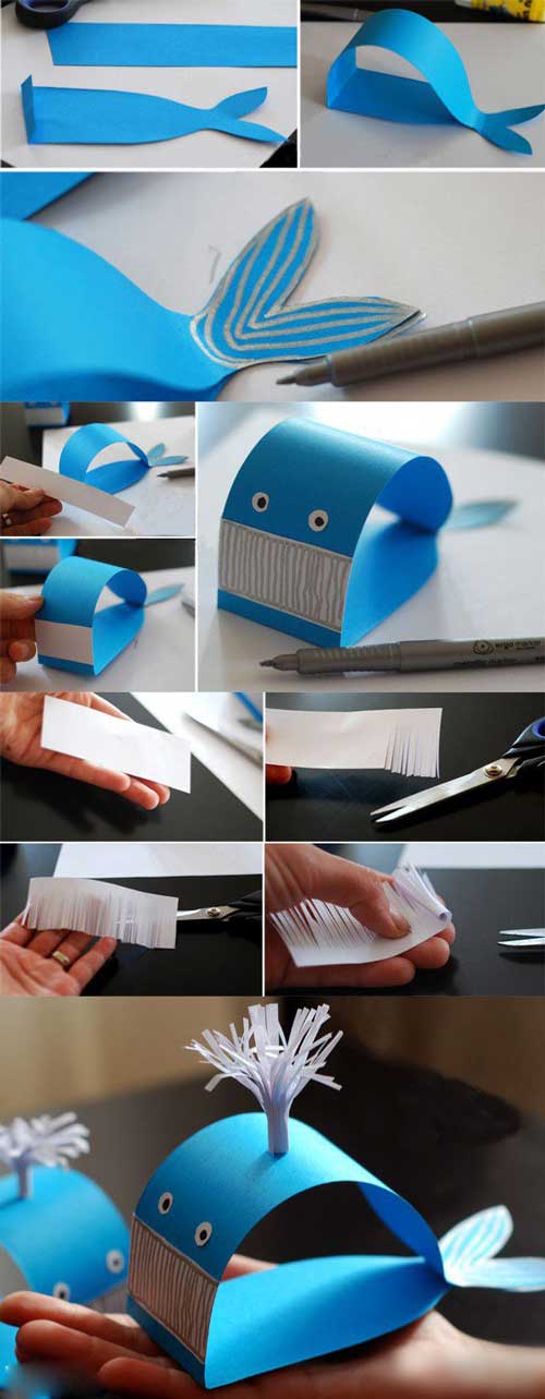  手工DIY这篇手工教程是教大家如何运用卡纸制作一个可爱的小鲸鱼，主要就是剪、折、粘、画几个过程。所以需要的工具也就是响应的：卡纸、剪刀、荧光笔(水彩笔，马克笔之类的)然后是胶水。还有制作喷出的水柱的普通A4纸就可以。 制作步骤就不再说了，因为是要教小朋友的所以结构很简单，一看就会。 祝亲们的亲子时间愉快~~