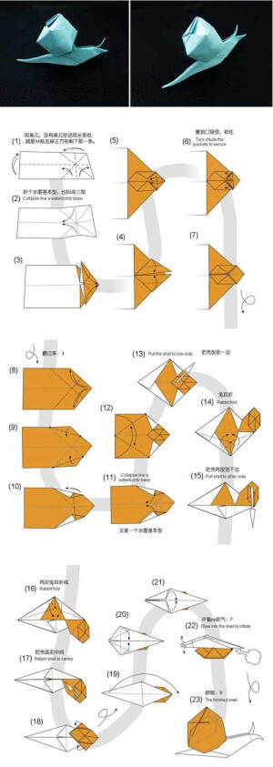 手工教程这里是分享用纸张折出一款形象逼真的蜗牛，比较经典的是这款蜗牛竟然不是平面的，而是立体的噢。特别是背部那大大的蜗牛壳更是形象。 　　一共23个步骤，也算是步骤比较多的了。主要的精力就是在背部的壳之中了，制作到最后是要向里面吹气的。这样才能立体饱满起来。