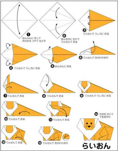 手工DIY教程 一张正方形的纸张就可以，因为狮子的毛发是黄色的，所以最好选择黄色的纸张来折。很形象的部分主要是头部类似于狮子毛发的钻石区域，还有就是狮子匍匐着的时候尾巴，也很形象。至于脸部的五官就需要小…
