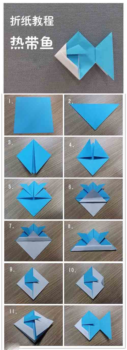 手工DIY教程相对于其他的手工折纸，这篇热带鱼的小鱼折纸应该算是很简单的了，一张正方形的纸张，12个步骤就可以折出来。也都是大线条，没有过多的折痕或者细节的处理。比较适合小朋友们和妈妈一起动手制作，小朋友一步一步跟着妈妈做，应该都是可以完成的噢。