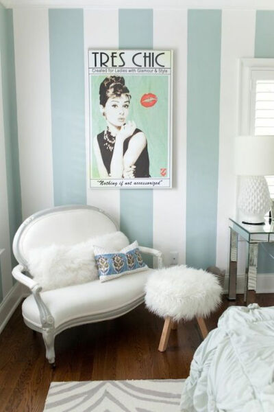 Pretty soft aqua striped wall &amp;amp; glam furnishings. Perfect for a teenage girl's Tiffany inspired room.