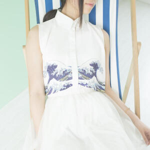 原创设计女装夏季假两件神奈川海浪印花雪纺女士无袖衬衣