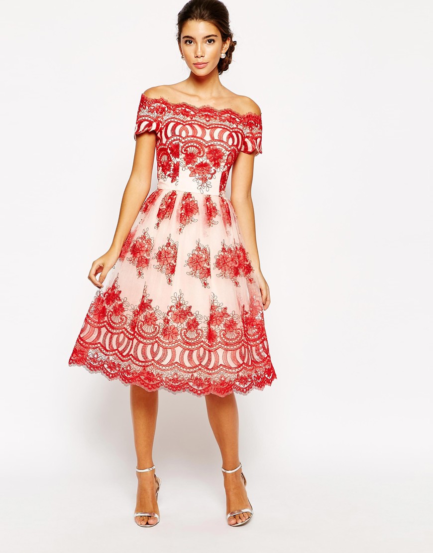 Image 1 of Chi Chi London Premium Embroidered Off Shoulder Prom Dress