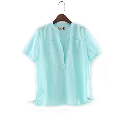 2015春季新款女装 外贸尾单棉麻纯色V领短袖优质衬衫