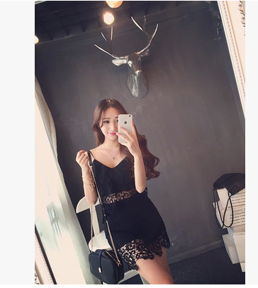 2015夏季 女装潮流独家泰国单品订制蕾丝钩花高腰吊带短裤裙套装