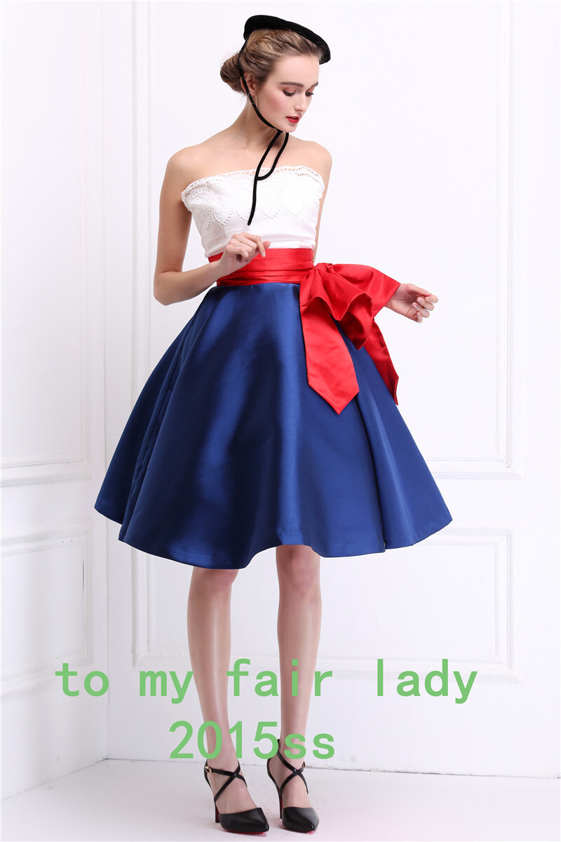 To My Fair Lady 15春夏新款复古优雅红白蓝三部曲拼色礼服连衣裙