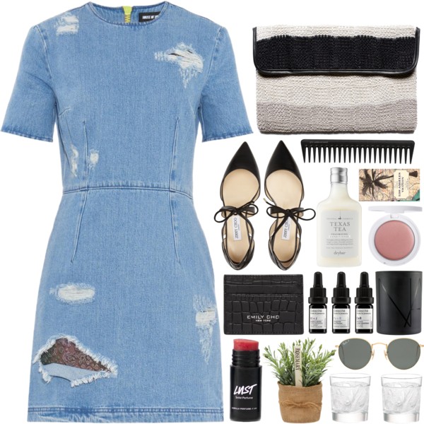 A fashion look from May 2015 featuring blue animal print dress, black flat shoes and black envelope clutch purse. Browse and shop related looks.