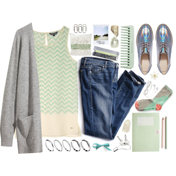 A fashion look from April 2015 featuring sleeveless tops, grey cardigan and skinny jeans. Browse and shop related looks.