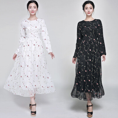 2015春夏新款女装韩版蕾丝网纱刺绣花修身长袖连衣裙 女大摆长裙