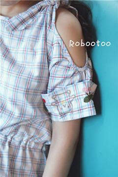 Robootoo日系清新格子露肩连衣裙两色入