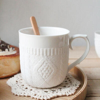 浮雕毛线马克杯 创意陶瓷水杯 咖啡杯茶杯 毛线杯 zakka杂货
