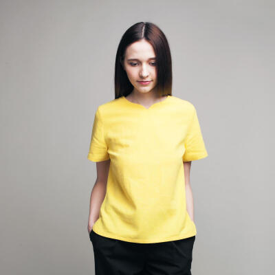 茉兰多 2015夏装 原创设计棉麻上衣文艺范V领短袖女T恤 T05 黄色