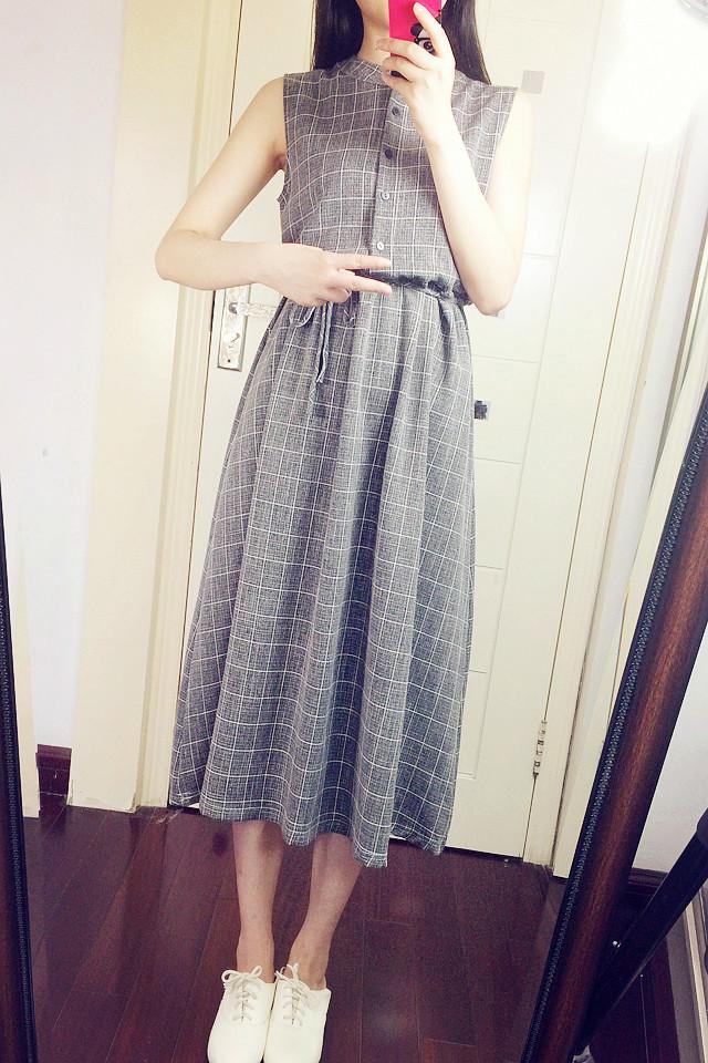 2015夏季韩版气质淑女格子无袖连衣裙长裙系带大摆裙女裙薄款