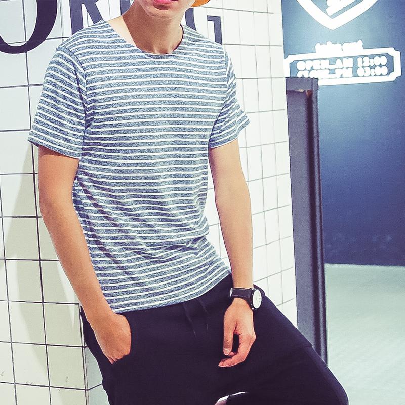 2015夏季韩版男士小清新条纹短袖t恤日系男装圆领半袖体恤衫