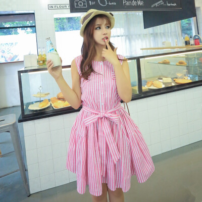 2014夏装新款韩版甜美修身收腰显瘦无袖圆领竖条纹套头连衣裙