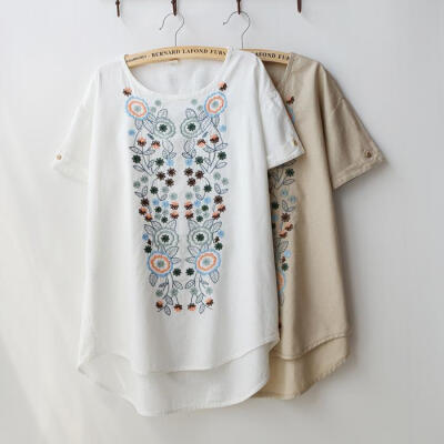 日系森林系夏季棉麻质地精致刺绣圆领不规则下摆短袖衬衫宽松