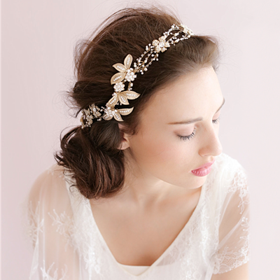 金色水晶水钻花朵新娘结婚发饰发带头饰发箍欧美短发婚纱配饰额饰
