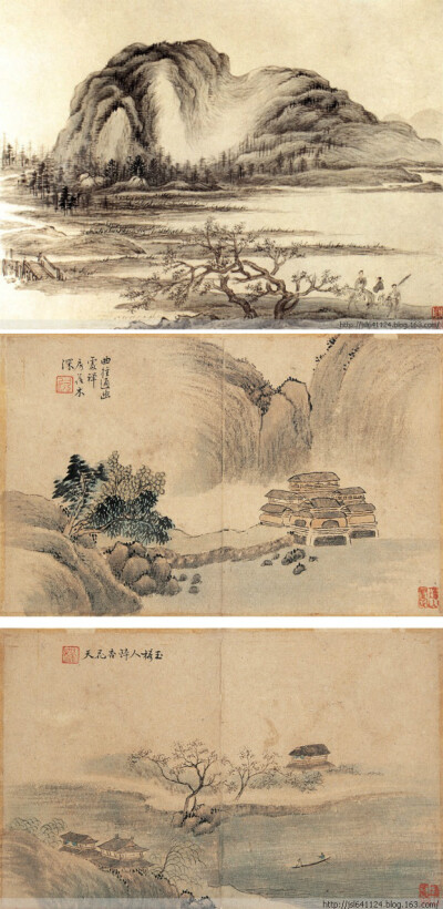 清 叶欣《山水图册》等 —— 纸本设色，14.1 × 17.4 厘米，现藏旅顺博物馆。叶欣生卒年不详，字荣木，上海松江人；擅长山水，学宋人赵令穰法，师从明末姚允在；他的山水以布局最称道，用笔轻细着色淡雅，作品多以干…