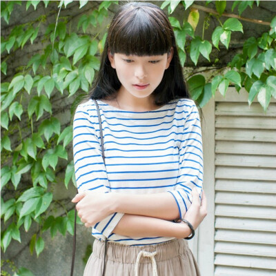 猫娘の志 简约海军条纹T恤女中袖打底衫修身文艺7分袖CT14S7001