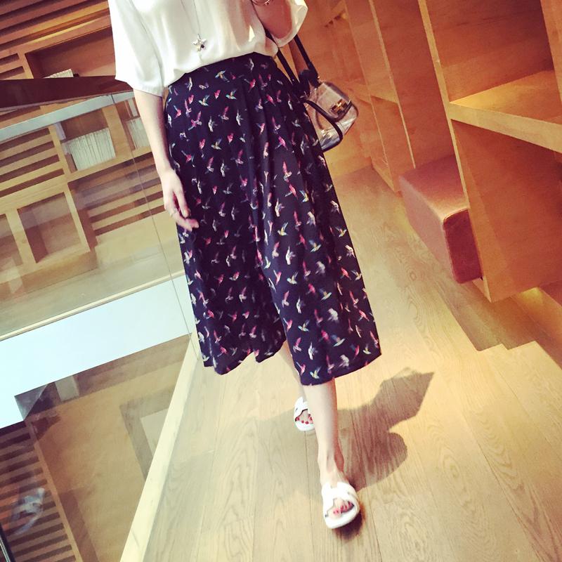 YAN 2015 欧美复古小鸟印花百搭休闲雪纺裤七分裤阔腿裤裙裤