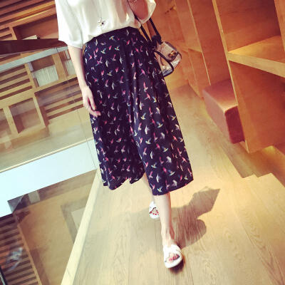 YAN 2015 欧美复古小鸟印花百搭休闲雪纺裤七分裤阔腿裤裙裤