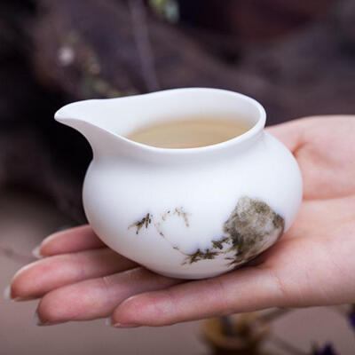 景德镇全手工拉胚 手绘竹石图 月光白釉茶海 公道杯 茶道配件