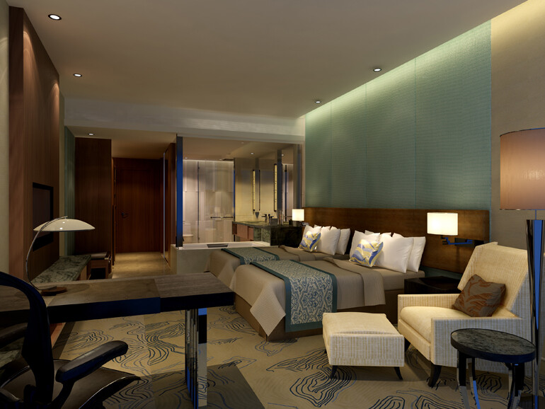 现代简约时尚两张单人床实木桌椅沙发液晶电视台灯标准间酒店宾馆