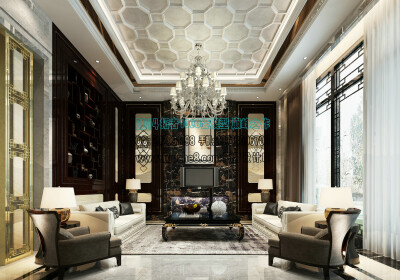 现代印花地毯棕色实木矮桌米色布艺沙发水晶吊灯落地窗蜂巢型吊顶时尚客厅