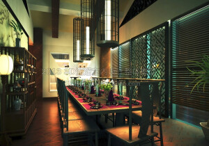 现代简约时尚多人棕色实木长方形桌椅百叶窗陈设柜绿色植物吊灯休闲餐饮区餐厅酒店