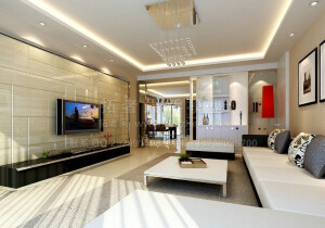 现代白色方形矮桌浅色多人沙发水晶吊灯米色条纹电视背景墙时尚客厅