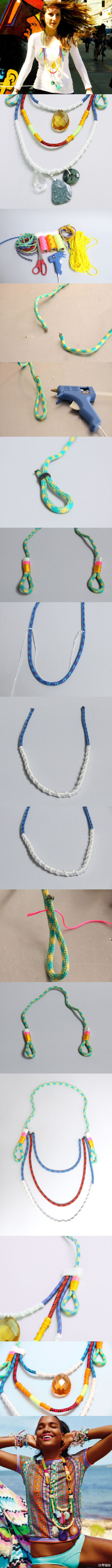 #DIY Proenza Schouler Rope Necklace# by Carleyy，这是她的一次名牌模仿show（灵感来自最后一张图），同样是色彩靓丽的绳结项链，作者出品更贴切生活化。登山绳这样一改造洋气极了，不怕麻烦还可以自制独一无二的粗绳（用编绳盘挺快的），配色也是越鲜艳越好看呢，不过只有黑皮肤能天然驾驭啊