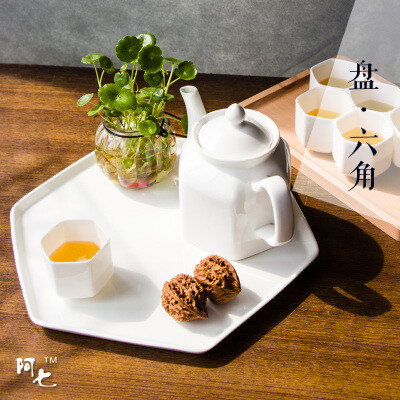 阿七|现代中式 陶瓷茶盘 异形茶盘 骨瓷托盘茶具 六角茶盘 茶海