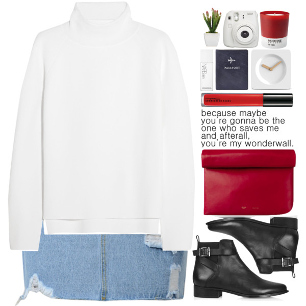 A fashion look from May 2015 featuring white sweater, short skirts and black booties. Browse and shop related looks.