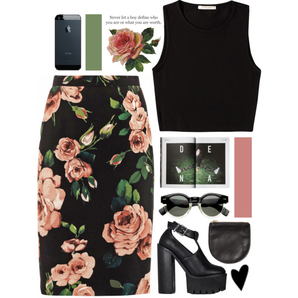 A fashion look from May 2015 featuring crop shirts, slit pencil skirt and black heel boots. Browse and shop related looks.