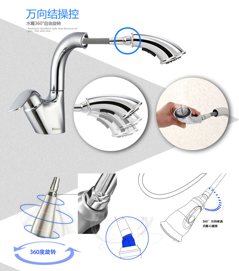 MOEN摩恩 SPA级抽拉面盆水龙头冷热豪华全铜欧式洗脸盆洗头91035