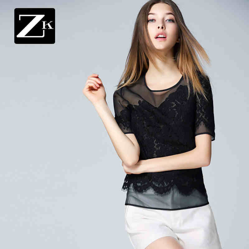 ZK2015夏季T恤女装网纱 蕾丝拼接t恤镂空打底衫夏装欧洲站短袖t恤