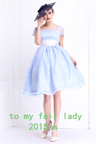 To My Fair Lady 15春夏新款爱丽丝蓝色褶皱欧根纱拼接连衣裙