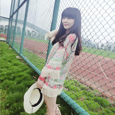 小妍家2015夏 波西米亚印花流苏中长款薄款开衫 宽松防晒外套女