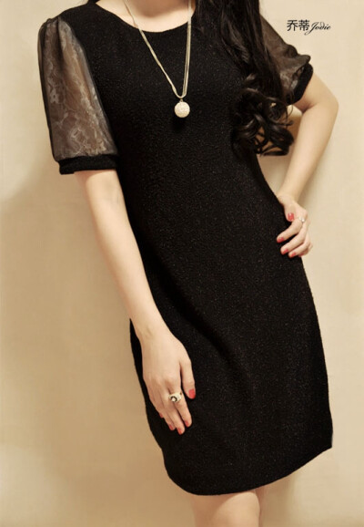 女装2015夏装新韩版简约蕾丝显瘦气质高档短袖连衣裙黑色