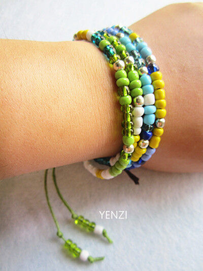 Yenzi原创手工波西米亚蓝绿色缤纷彩色米珠多层幸运手绳手链