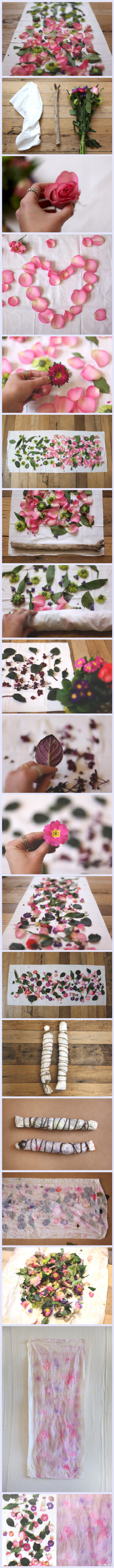 #Eco Dyeing With Flowers#by Julia。哇哦，真美！作者读了India Flint(一位印度天然染料创新者)写得《Eco Colour》，尝试了其中一种新的生态染色技艺，制作过程有趣且简单。一块布平放，撒上数种花瓣、叶子；在一端置木棍，均匀卷起，用麻绳绑好；蒸一小时后，要想颜色深可放密封袋几天，拿出来晾干。