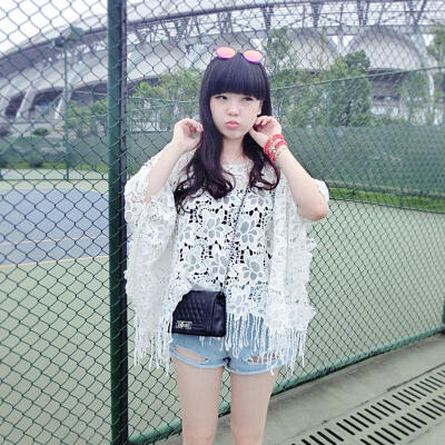 小妍家2015夏 波西米亚流苏镂空蕾丝罩衫 宽松显瘦蝙蝠袖圆领上衣