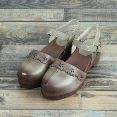 柒步森2015夏日系雕花复古擦色真皮包头凉鞋防水台中跟森女鞋