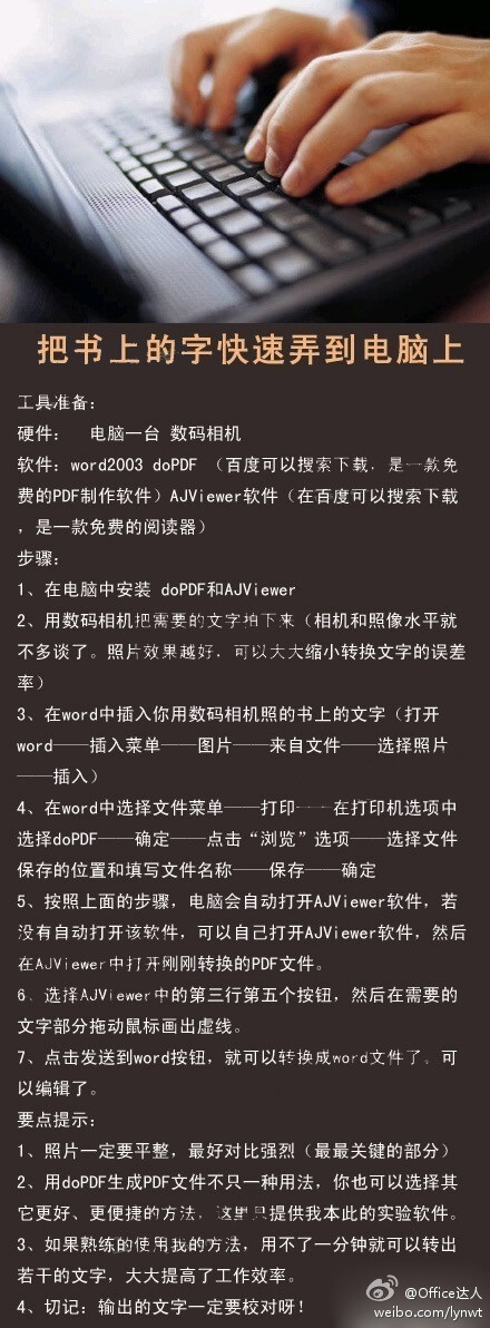 【把书上的字快速弄到电脑上】在工作中，我常常在想，要是能把纸上有用的文字快速输入到电脑中，不用打字录入便可以大大提高工作效率该有多好呀！那我就给大家提供一个我刚刚发现的方法吧！现在数码相机很普遍，也很常用，我们就从这里下手吧。